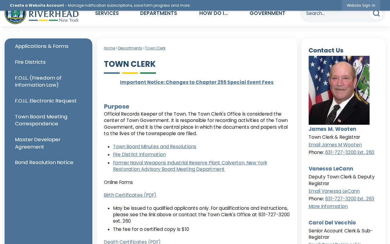 Riverhead residents directory Town Clerk records page